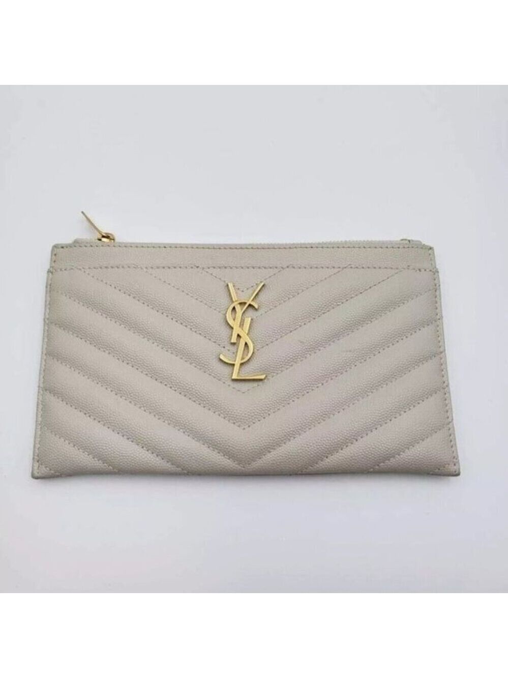 Authentic Saint Laurent YSL Beige Quilted Leather Zip Pouch Clutch Wallet - Picture 2 of 11